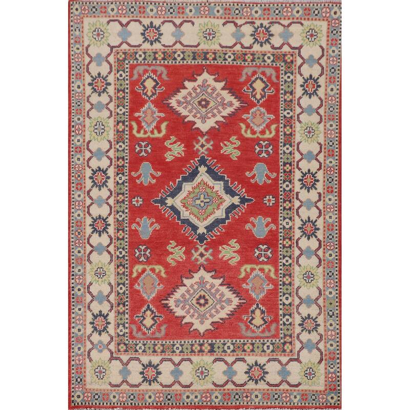 Geometric Kazak Accent Rug Handmade Red Wool Carpet - 3'4" x 5'0"