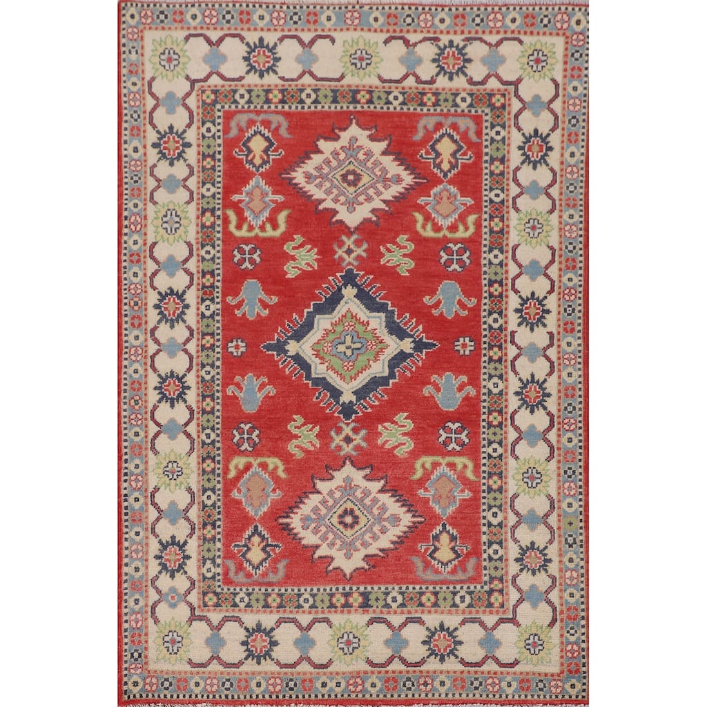 Geometric Kazak Accent Rug Handmade Red Wool Carpet - 3'4" x 5'0"