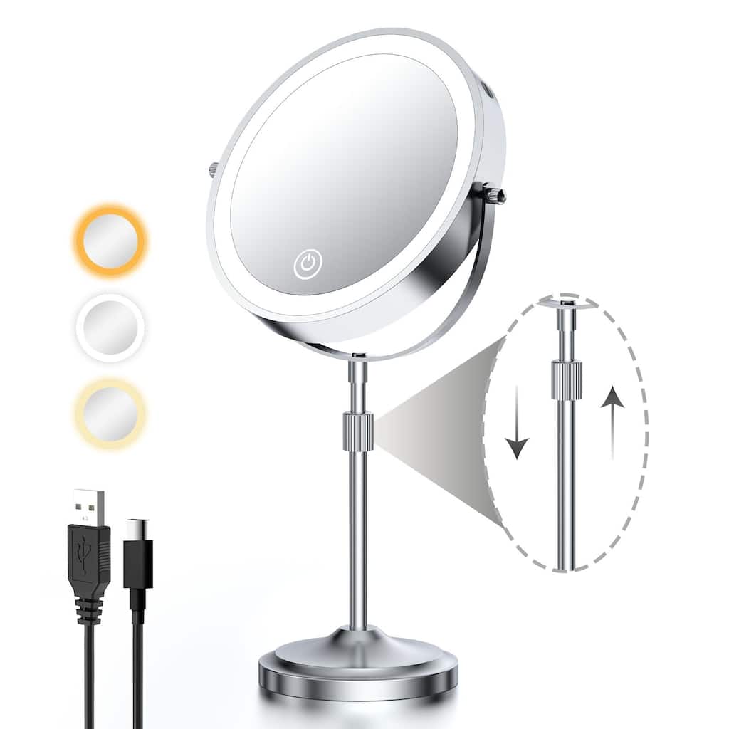 8.6" Desktop Makeup Mirror with 3 Color Lighted, 1X/10X Magnifying Mirror with Touch Control, 360°Rotation, Type-C Charging Port