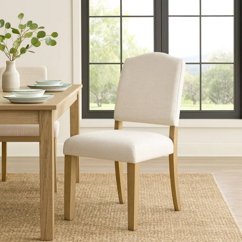 Side Dining Chair, Open Back Solid Wood Frame, Cream Woven Fabric