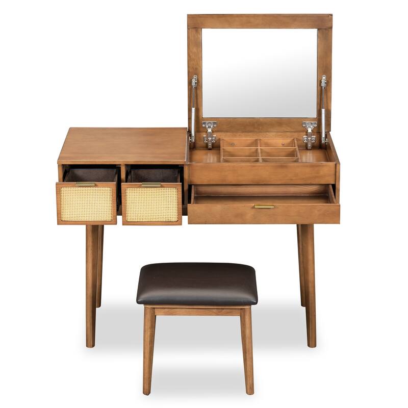 HomeRoots 48" Brown Wood Three Drawer Vanity Table With Mirror And Seating
