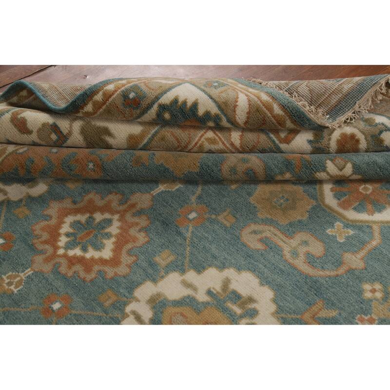 Floral Blue Oushak Style Area Rug Handmade Wool Carpet - 9'0" x 11'10"