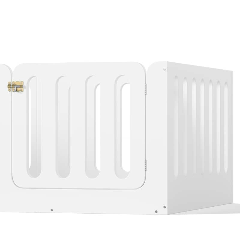 Twin Size Floor Bed with High Fence for Kids, Solid Wood Kids Montessori Bed with Door, No Box Spring Needed Design