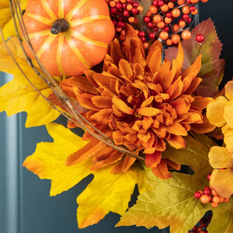 Glitzhome 27"H Fall Dahlia Pumpkin Leaf & Berry Swag Wreath with Hanger