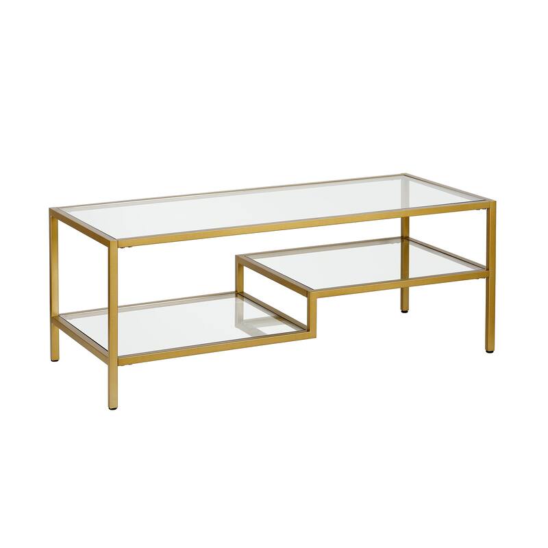 45" Contemporary Rectangular Glass Coffee Table with 2 Storage Shelves for Living Room - 45"L x 22"W x 17"H - Gold-Clear