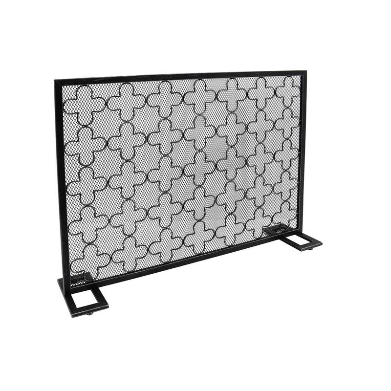 30x41 Fireplace Screen, Classic Clover Trellis Pattern, Black Iron