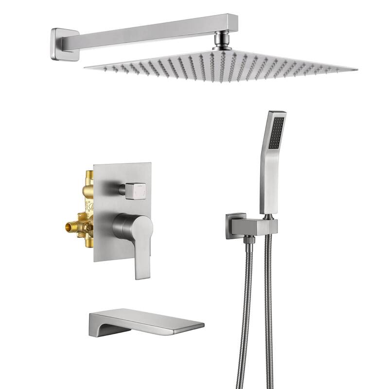 Wall Mount Tub Shower Faucet Set With Hand Shower Complete Shower System With Tub Spout With Pressure Balance Valve - 12" x 12" - Brushed Nickel