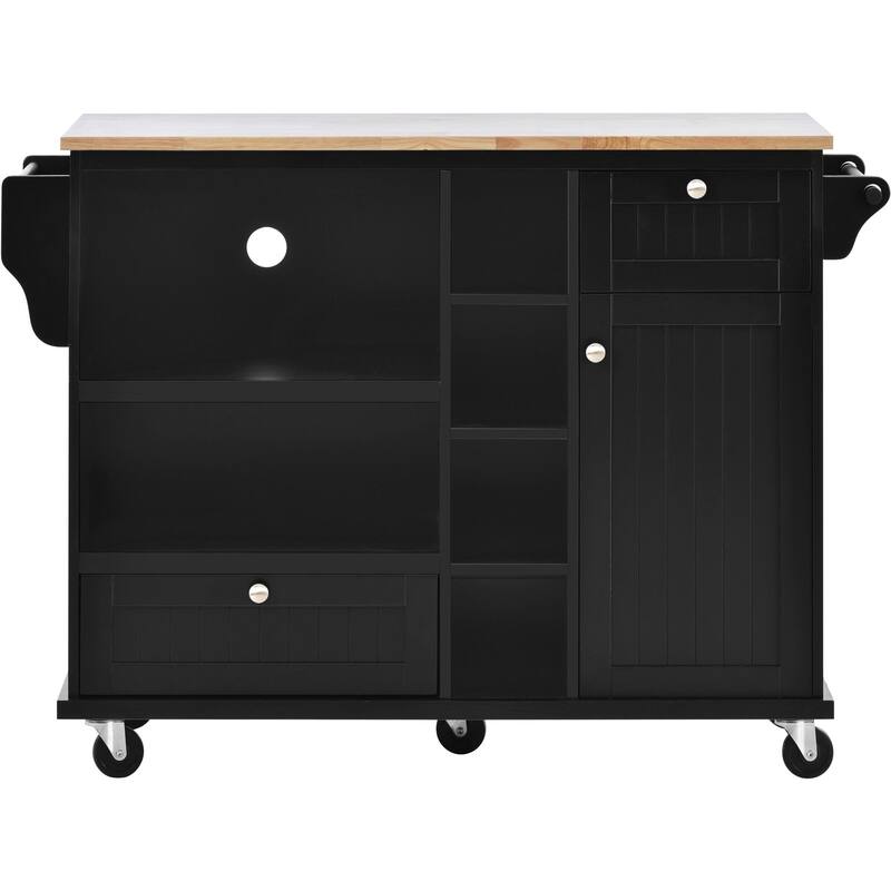 Rubberwood Kitchen Cart with Drop Leaf, Microwave storage rack, Exterior Shelves, and 2 drawers