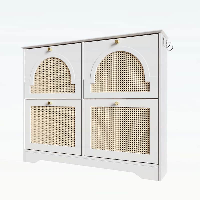 Elegant Entryway Shoe Cabinet with 4 Flip Drawers,with Rattan Doors and Hooks