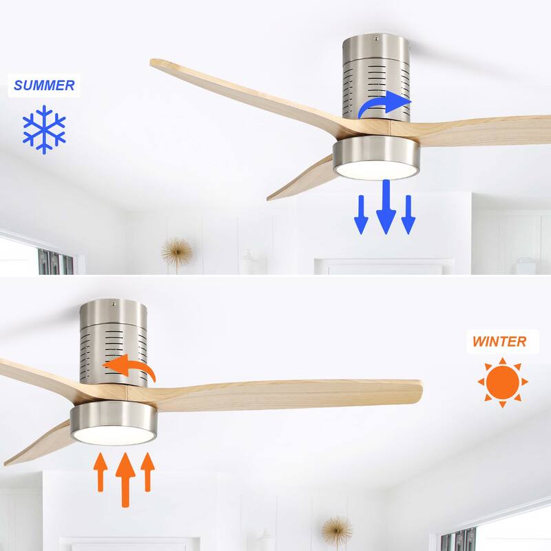 52" Flush Mount Wood Ceiling Fan with Dimmable LED Light and Remote Control