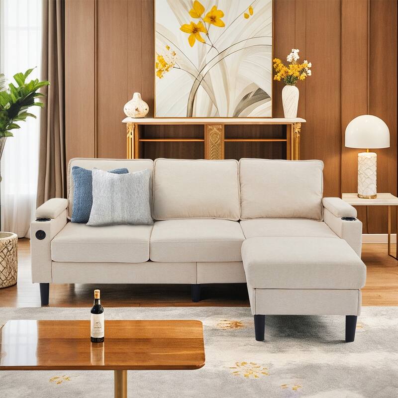 Compact 3-Seat Sofa with Storage Ottoman, L-Shaped Couch with Stool - Beige