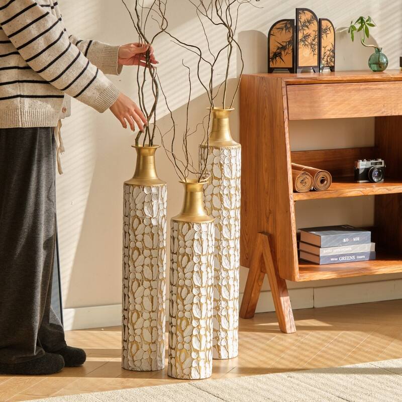 Set of 3 White & Gold Leaf Metal Floor Vases - Graduated Heights for Modern Home Decor