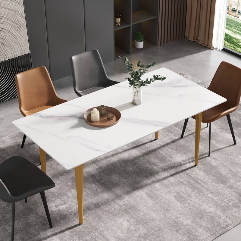 71" Modern Simply Marble Dining Table, Rectangular Sintered Stone Top and Carbon Steel legs - White&Gold