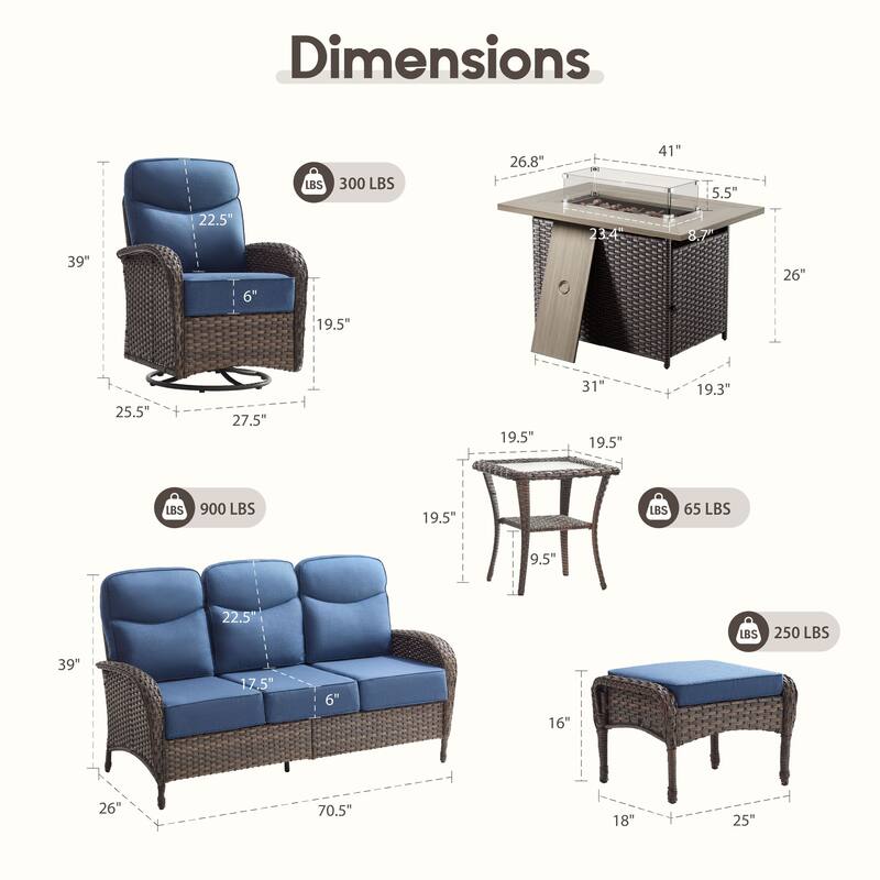 Luna 7-Piece Wicker Outdoor Patio Fire Pit Sofa Set with 6-Inch Thick Cushions