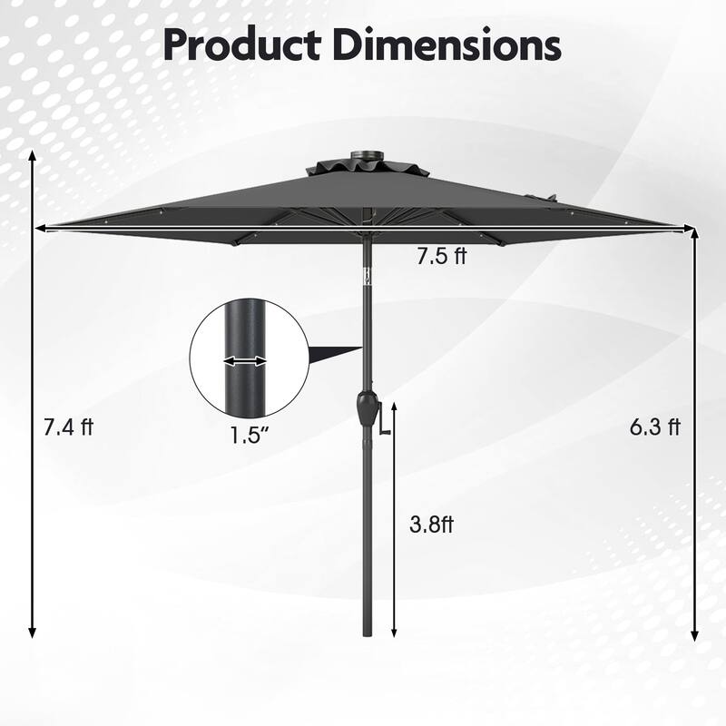 7.5 Feet Outdoor Polyester Umbrella with Solar LED Lights and Tilt Crank Mechanism