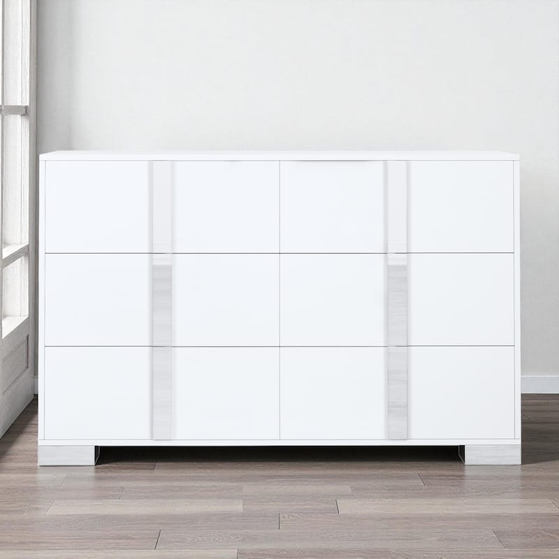 Elegant Modern 6-Drawer Mirrored Dresser with Metal Feet, MDF Storage Chest for Bedroom or Living Room Organization - White