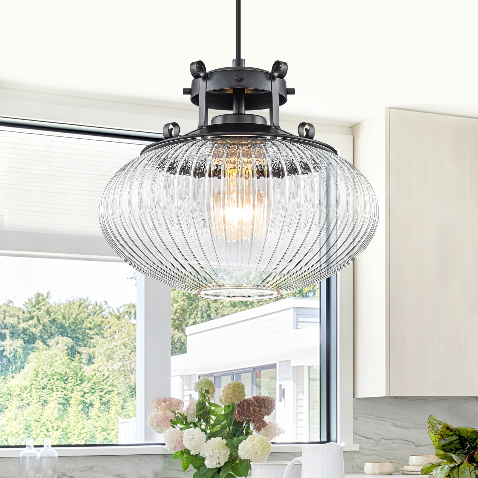 Matte Black Pendant Light Hanging Island Clear Ribbed Glass Shade - Dia.11.81inch