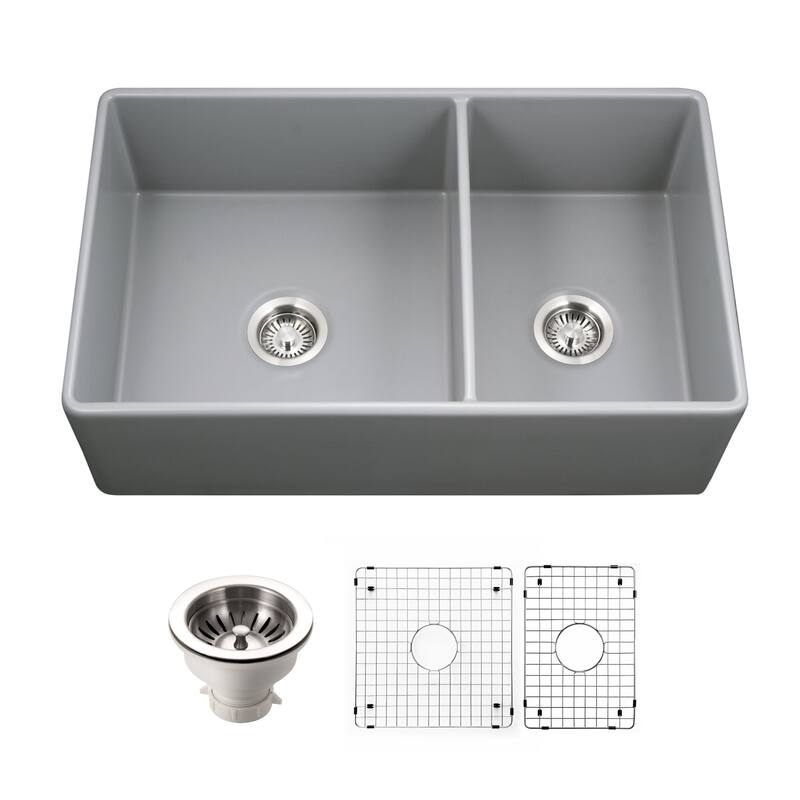 Houzer PTD-6040-C Platus 33" Farmhouse Double Basin Fireclay Kitchen - Gray