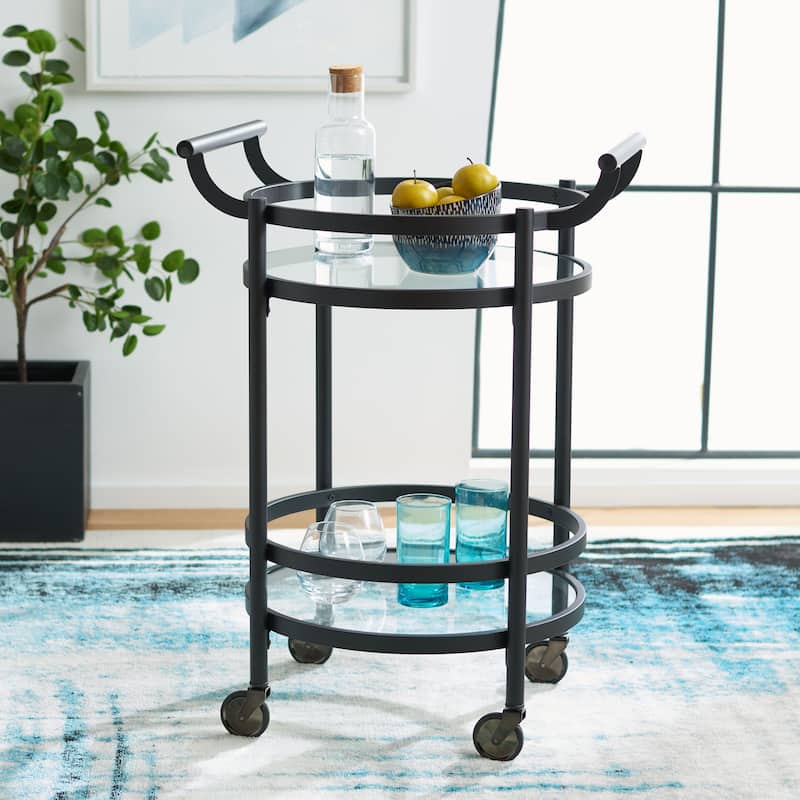 SAFAVIEH Sienna 2 Tier Round Bar Cart-Black Nickel / Glass. - 24" W x 20" D x 34" H