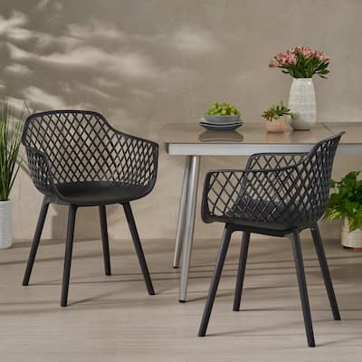 Roomfitters Contemporary Outdoor Armchairs with Diamond Cutout Design and Curved Seat, Stackable Seating Set of 2