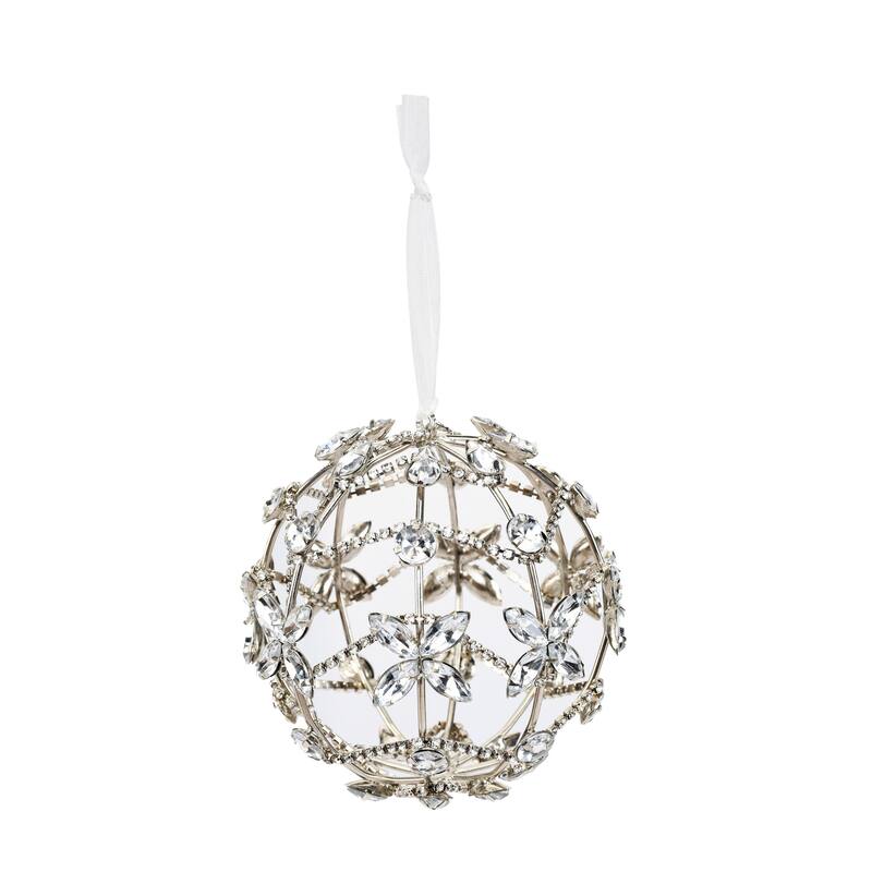 Sevita Silver Crystal Floral Handcrafted Chain Wrapped Globe Ornament, Set of 4 - 8" x 4.5" x 4.5"