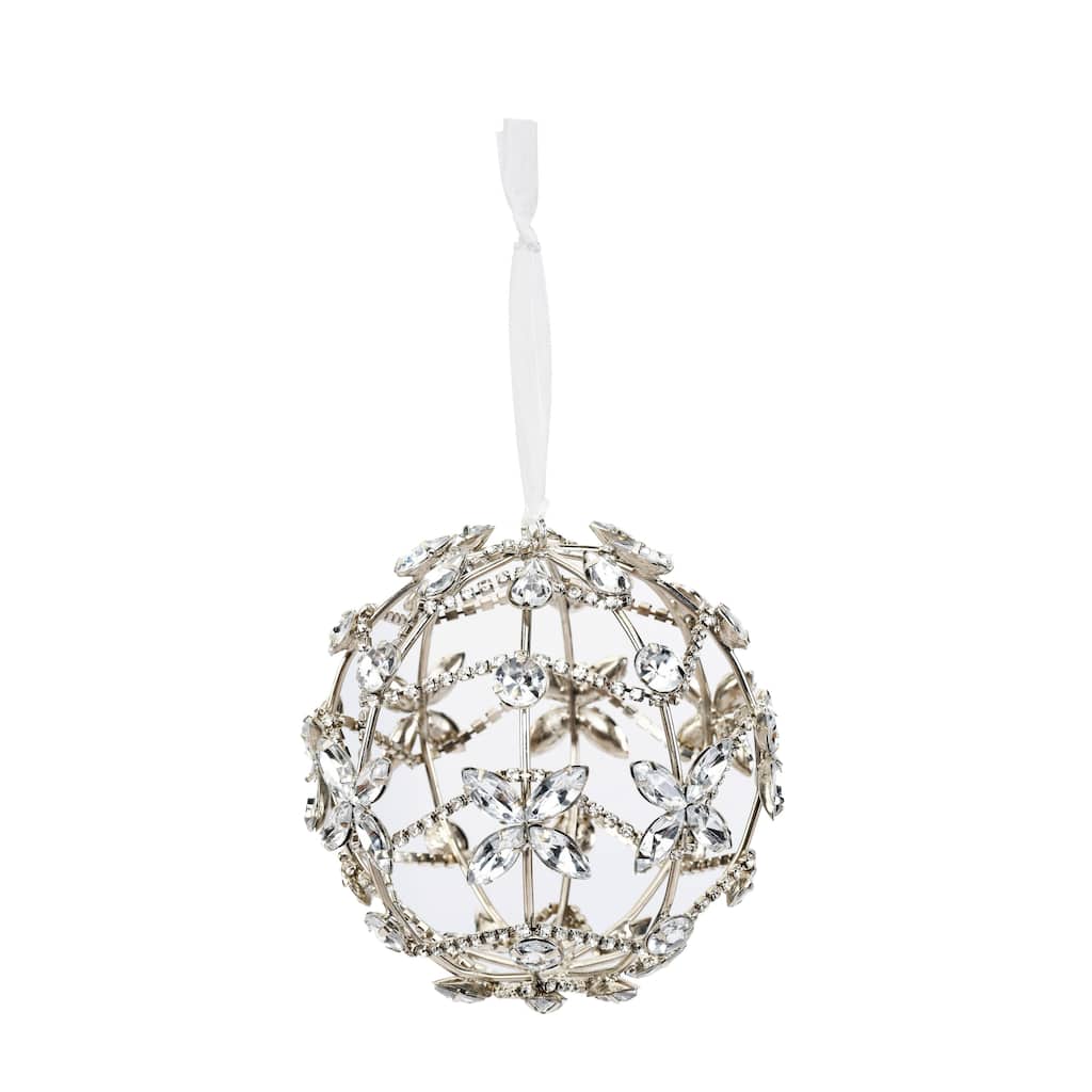 Sevita Silver Crystal Floral Handcrafted Chain Wrapped Globe Ornament, Set of 4 - 8" x 4.5" x 4.5"