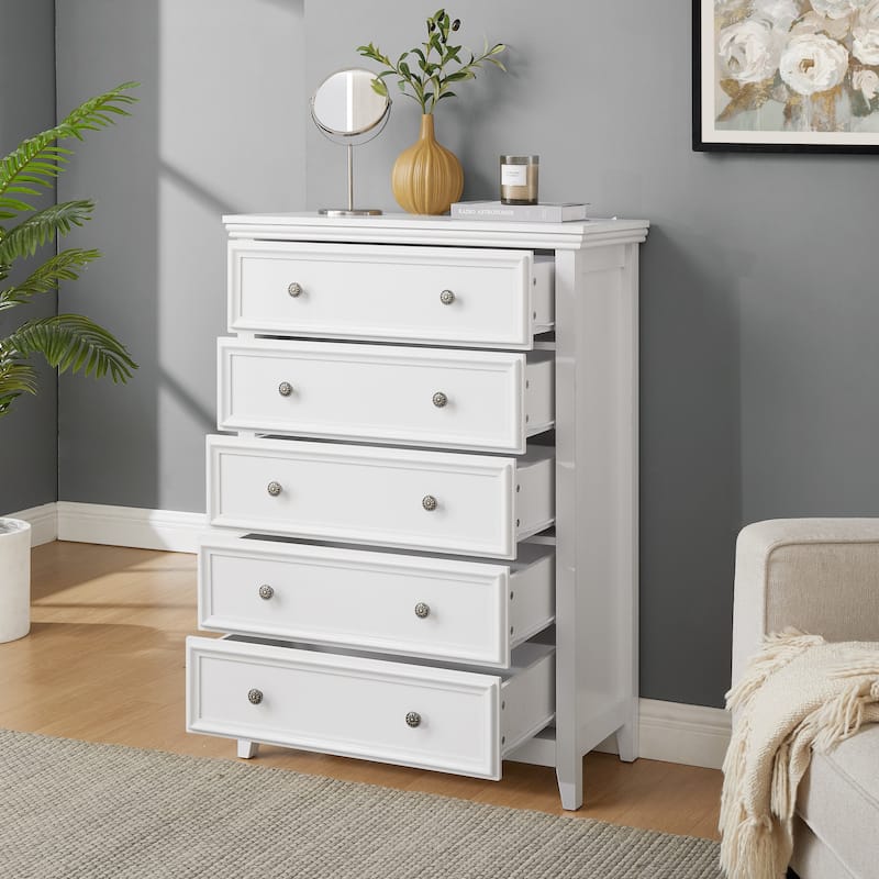 White Farmhouse 5-Drawer Dresser, Stylish Storage Cabinet Solution