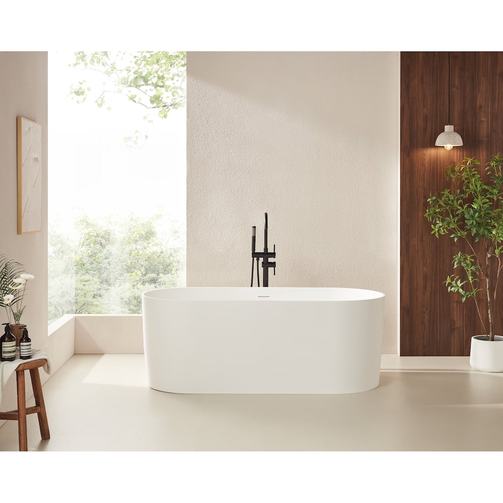 Vanity Art 59" or 67" Stone Resin Oval Freestanding Bathtub, Soaking Tub with Overflow and Pop Up Drain