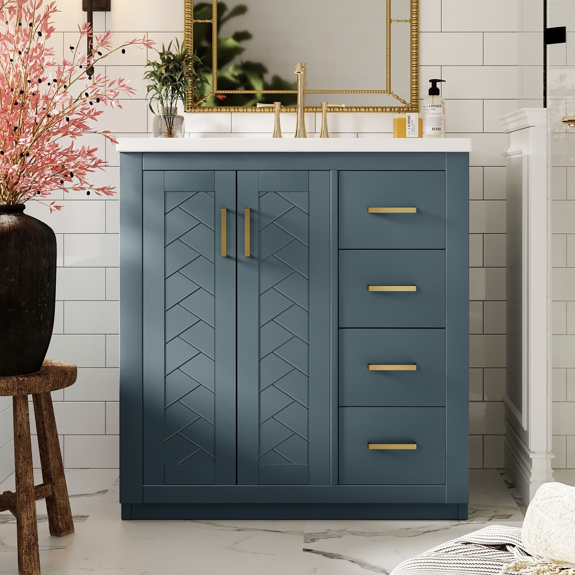 30" Bathroom Vanity with Ceramic Sink Combo,Solid Wood Frame Bathroom Storage Cabinet