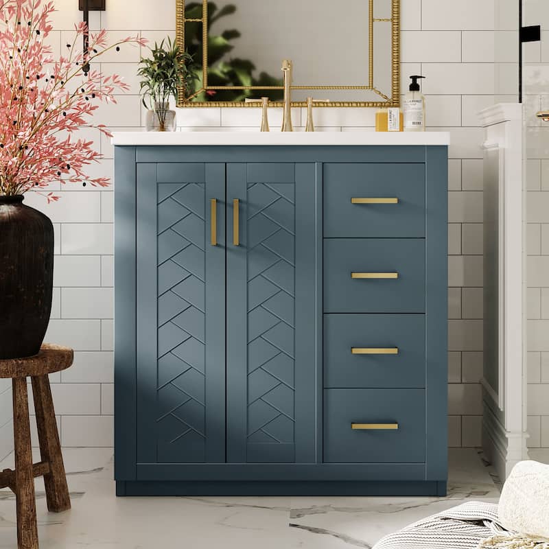 30''Bathroom Vanity With Ceramic Sink Combo,Solid Wood Frame Storage Cabinet,Set With 3 Drawers& Soft Closing Doors