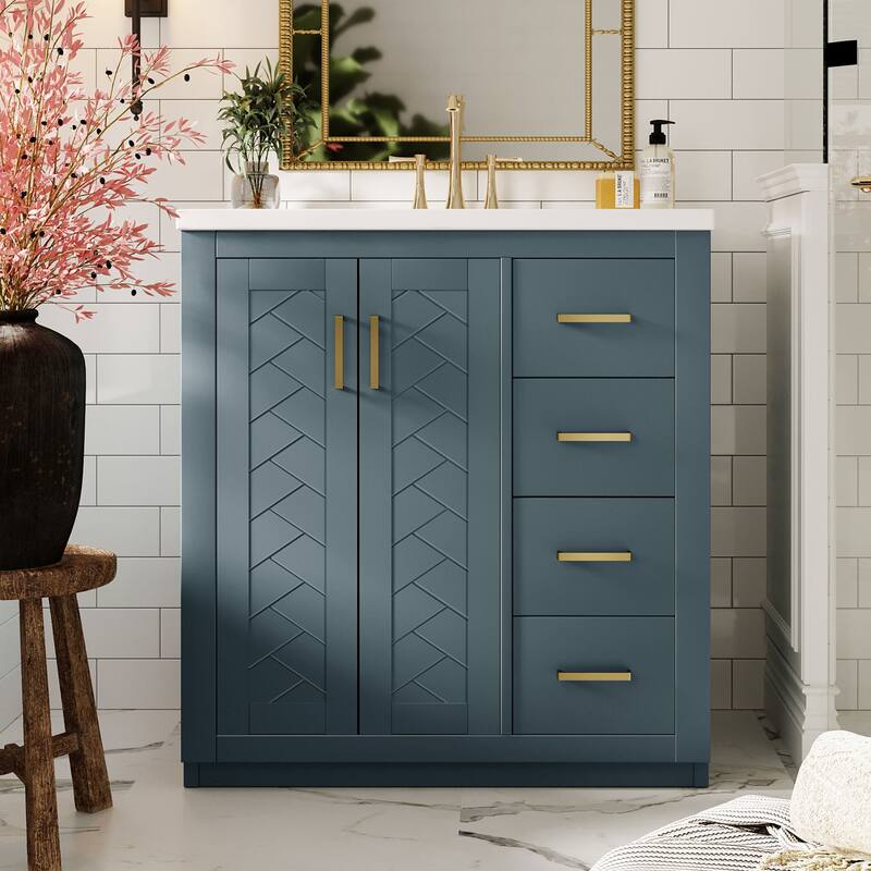 Bathroom Vanity with Ceramic Sink, Vanity Set with 3 Drawers and Doors, Bathroom Storage Cabinet with Solid Wood Frame