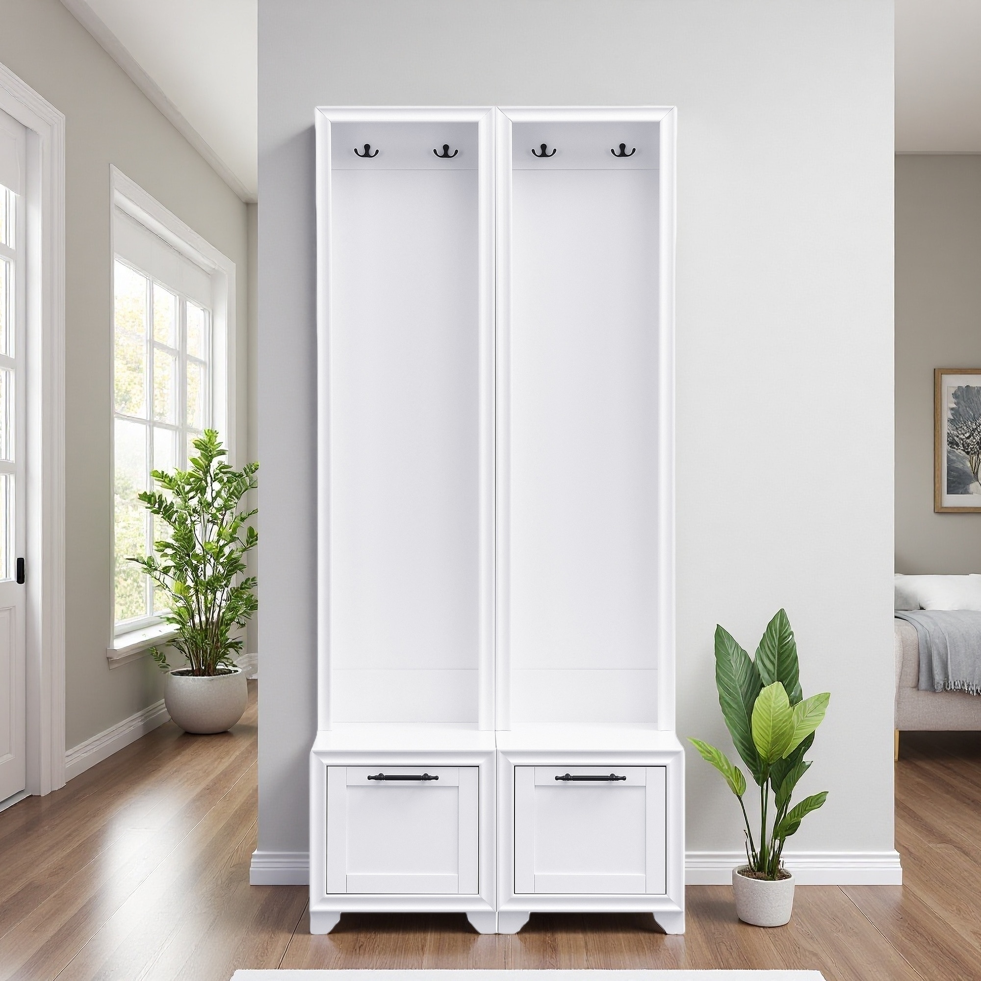 70.8"H Set of 2 MDF Multifunctional 3-IN-1 Entryway Coat Rack with Storage Bench, Retro Handles, Extra Storage Drawers