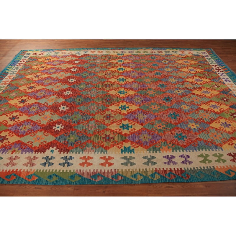 All-Over Geometric Kilim Area Rug Hand-Woven Oriental Wool Carpet - 8'4"x 11'7"