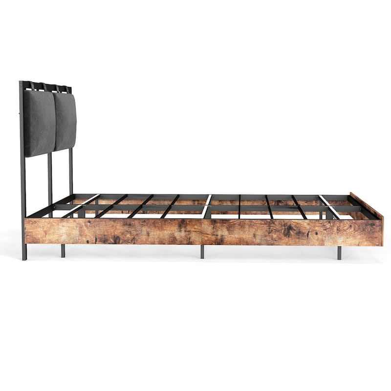 Floating Bed Frame with RGB LED Light Strip & Velvet Upholstered Hanging Headboard, Noise-Free Metal Slats Support, Black Brown