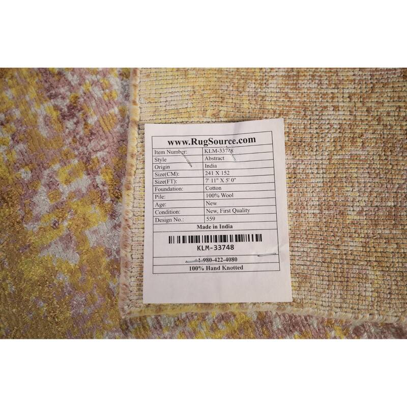 Contemporary Indian Area Rug Handmade Abstract Yellow Wool Carpet - 5'0" x 7'11"