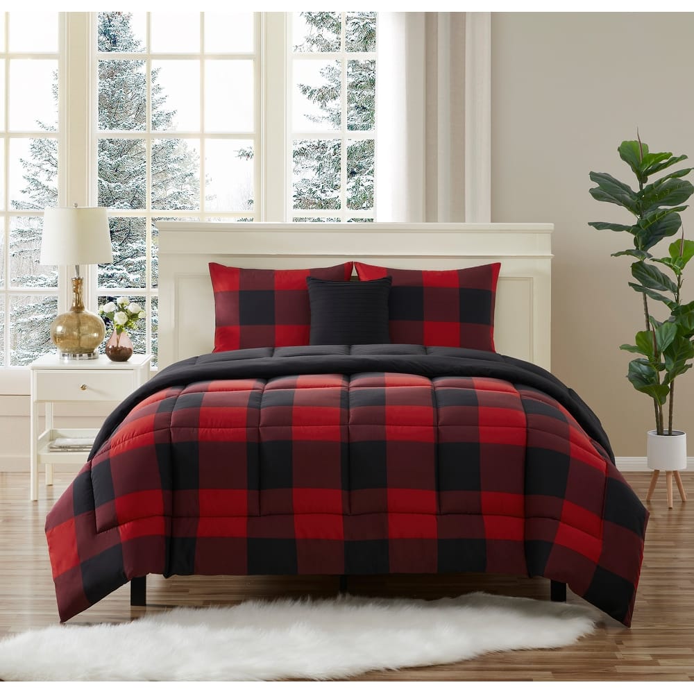 Sweet Home Collection 4 Piece Buffalo Plaid Design Reversible to Solid Color with Shams & Throw Pillow