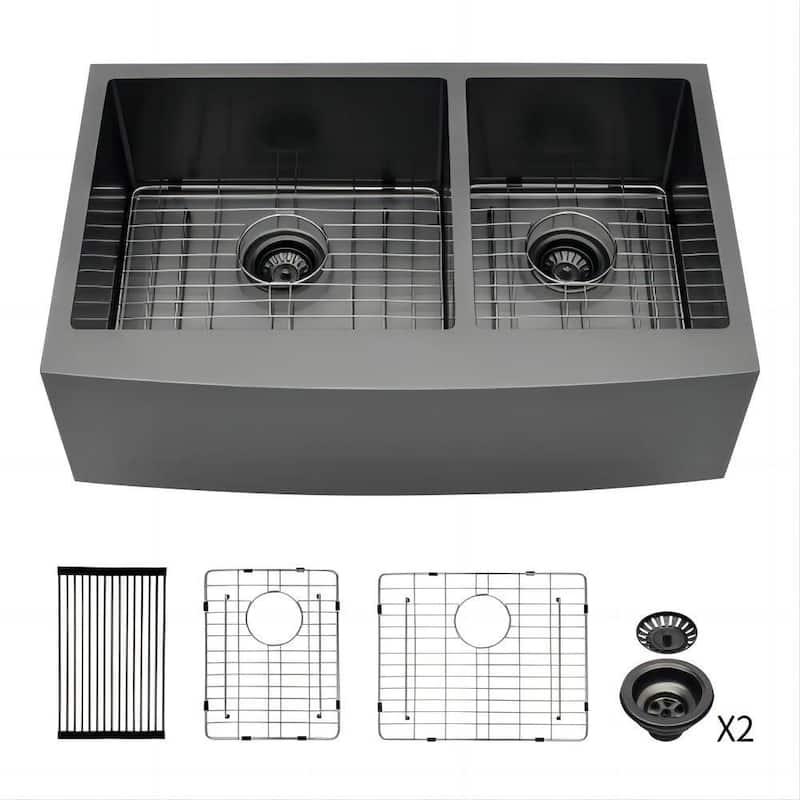 33 in 36 in Gunmetal Black Double Bowl (60/40) Apron Front Kitchen Sink - 36 in x 21 in