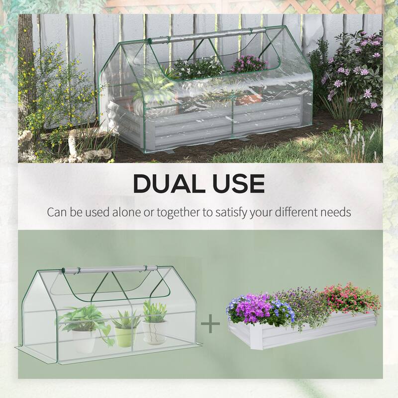 Outsunny Raised Garden Bed with Mini Greenhouse, Steel Outdoor Planter Box with Plastic Cover, Roll Up Window