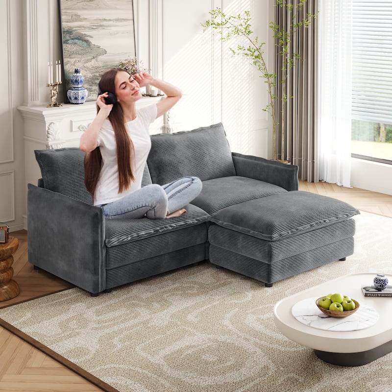 Corduroy Upholstered 2 Seater L Shaped Couch 75" Deep Seat Loveseat Sofa with Ottoman