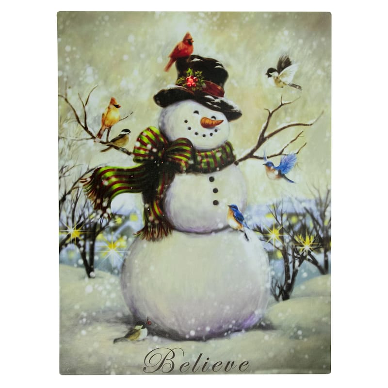 LED SnowmanBird Friends Christmas Canvas Wall Art 15.75" x 11.75"