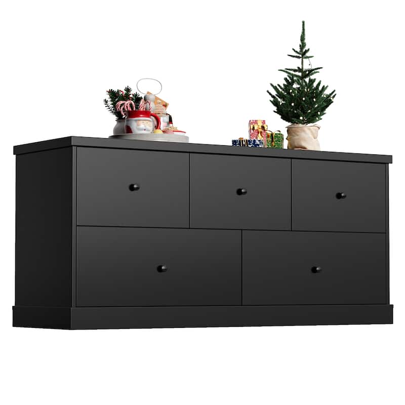 Furniwell 5 Drawers Dresser 45" TV Stand Cabinet Organizer Modern Wood Chest for Bedroom Living Room - Black