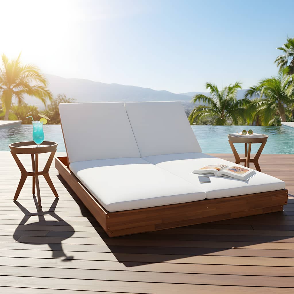 Christopher Knight Home - Outdoor Acacia Wood Double Chaise Lounge with Adjustable Backrest and Concrete Side Table