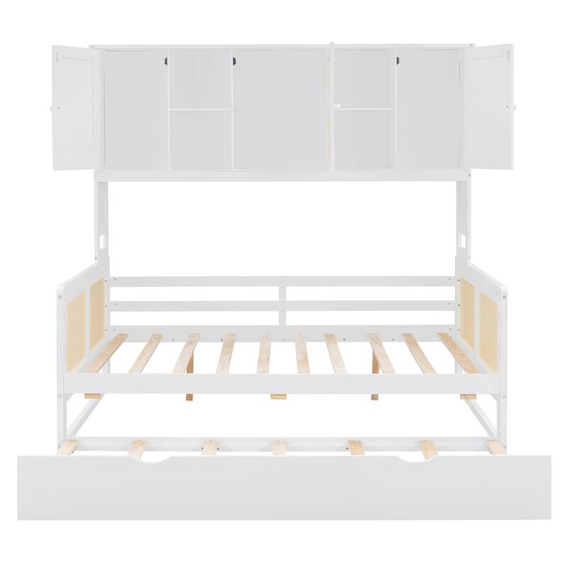 Wood Full Size Daybed with Built-In Storage Cabinet, Shelves & Twin Trundle, Rattan Accent, No Box Spring Needed