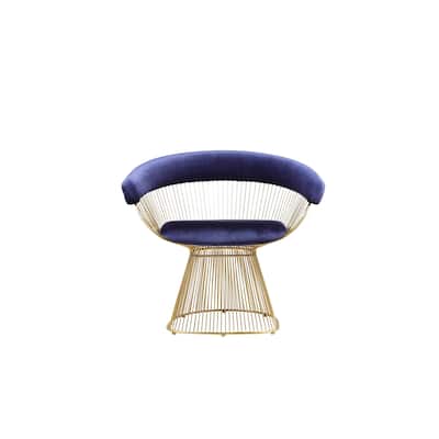 Mimi 27 Inch Accent Armchair, Navy Blue Velvet, Gold Steel Peacock Base