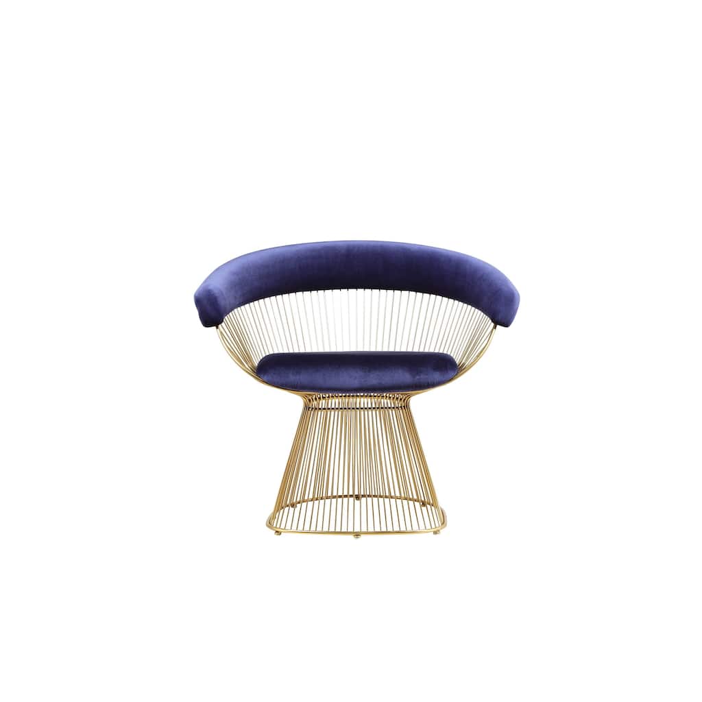 Mimi 27 Inch Accent Armchair, Navy Blue Velvet, Gold Steel Peacock Base