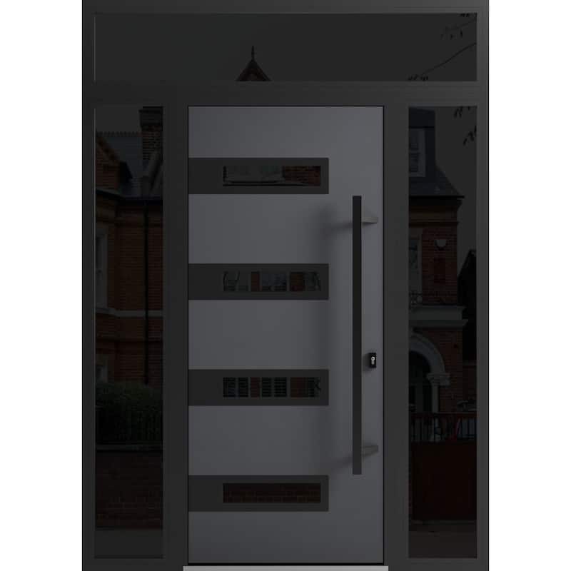 Front Prehung Steel Door Ronex 1055 Teak 2 Side and Top Window Sidelite W16+36+16xH80+16 Lh I - Grey - 64" x 96"
