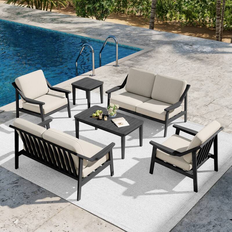 6-piece Adirondack Teak Patio Armchairs Loveseat Seating Conversation Set - BlackFrame-Light Camel