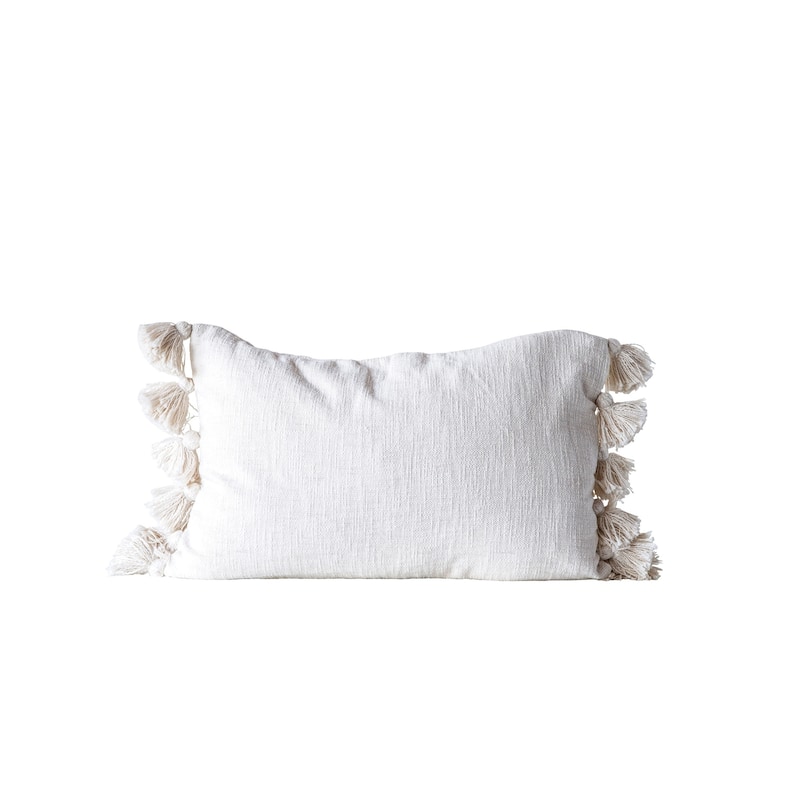 Woven Cotton Slub Lumbar Pillow with Tassels - Cream