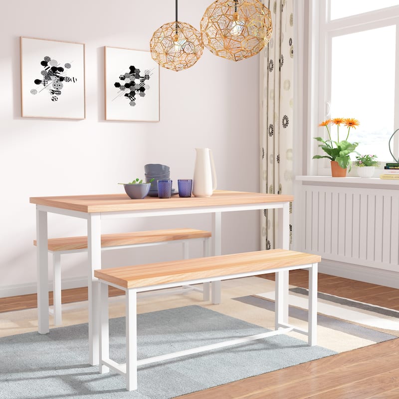 Dining Table Set with Two Benches, Kitchen Table Set for 4 Persons