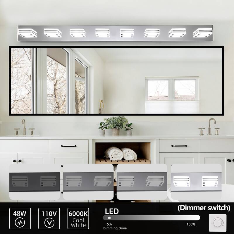 52" Modern 8-Light LED Vanity Light, Square Acrylic Lampshades Wall Mount Fixture for Bathroom, Mirror Lighting